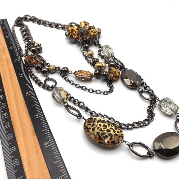 New York & Co. Multistrand Necklace, Animal Print Beads Side Floral Pendant, 20" - Picture 6 of 11